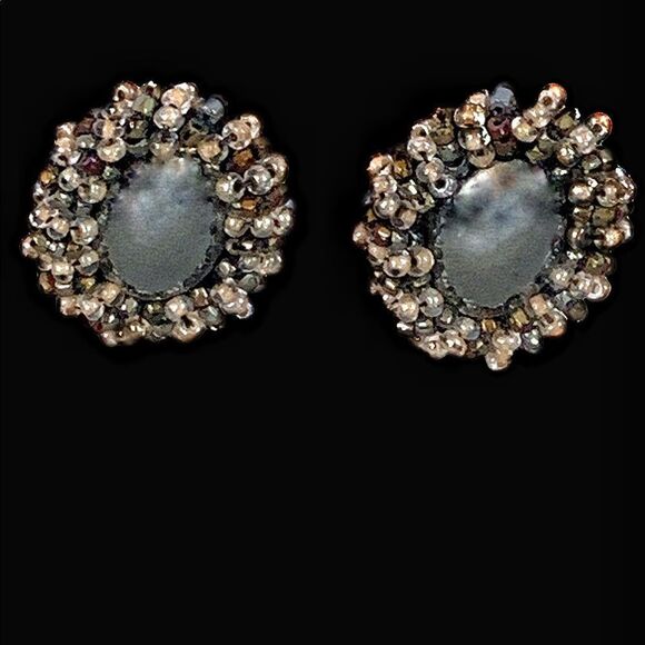 Hand  beaded silver natural hematite earrings with black crystal beaded border - Picture 9 of 9